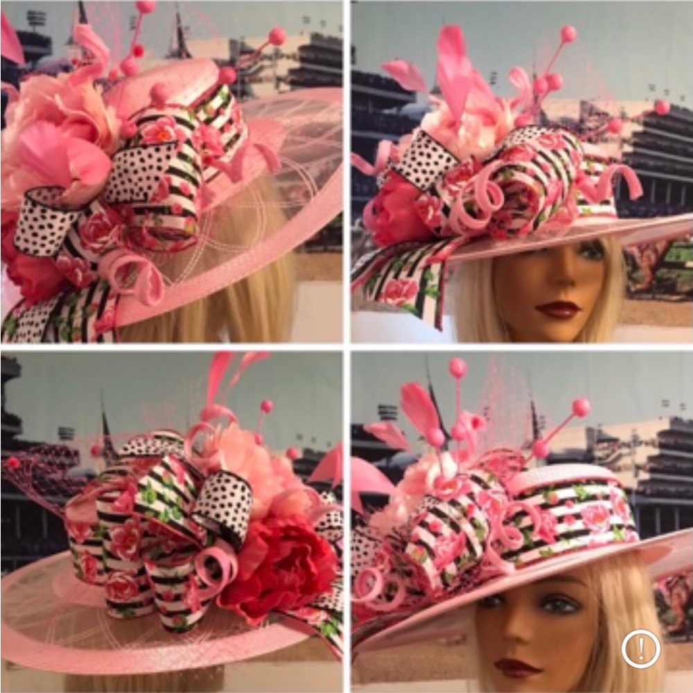 Pink Floral Wide-Brim Women’s Dress Hat with Ribbon Accents